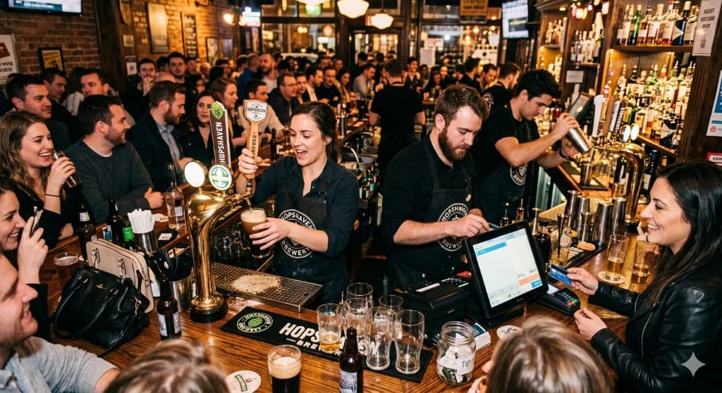 Bartenders serving a crowded bar during a busy nightlife shift