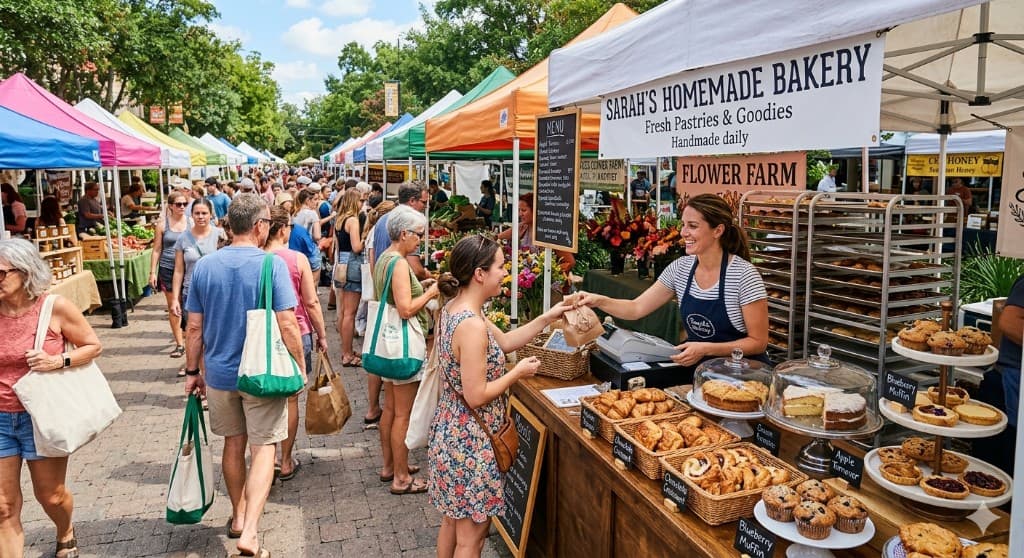 Busy farmers market with Sarah's Homemade Bakery stall serving customers