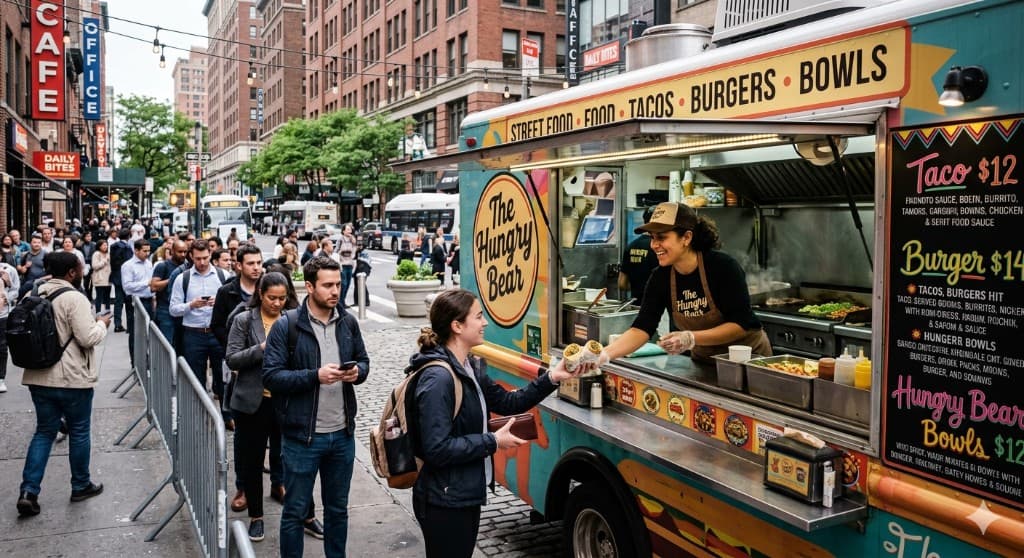 The Hungry Bear food truck serving customers lined up on a busy city street