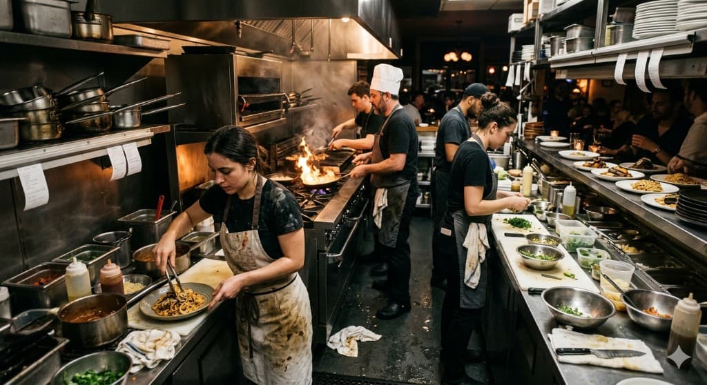 Chefs and kitchen staff working a busy restaurant line during service